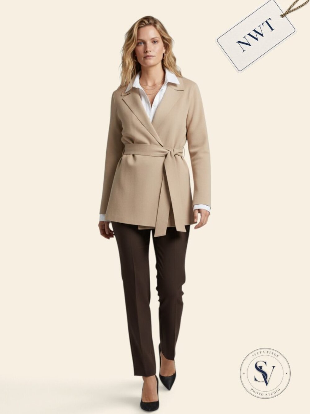 NWT M.M.LaFleur Merritt Wrap Jardigan Belted Knit Blazer Latte Beige Size M